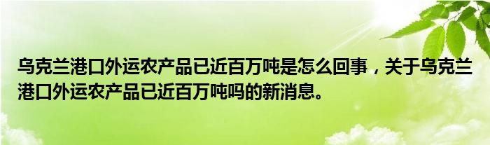 乌克兰港口外运农产品已近百万吨是怎么回事，关于乌克兰港口外运农产品已近百万吨吗的新消息。