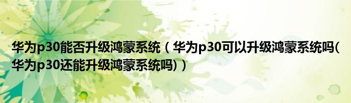 华为p30能否升级鸿蒙系统（华为p30可以升级鸿蒙系统吗(华为p30还能升级鸿蒙系统吗)）